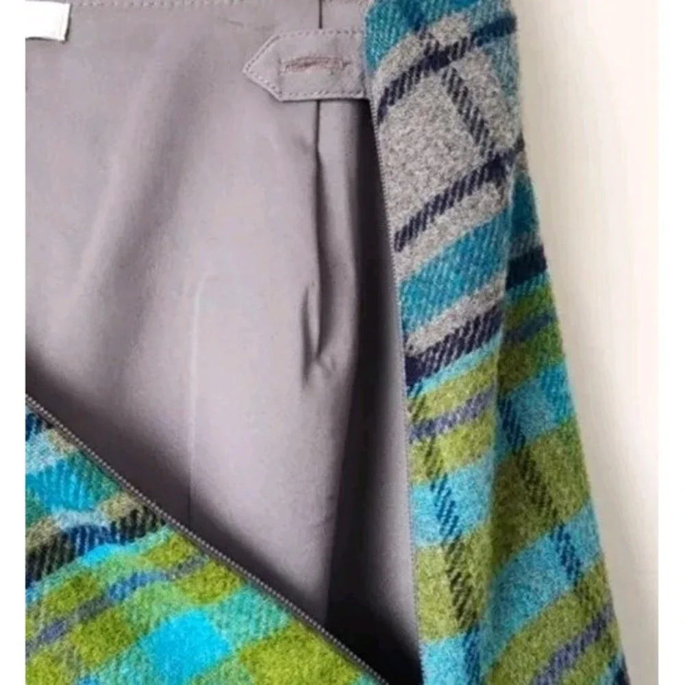 NWT J Jill Womens Plaid Skirt Sz 8P Green Gray Wool Blend Tartan Fringe Academia